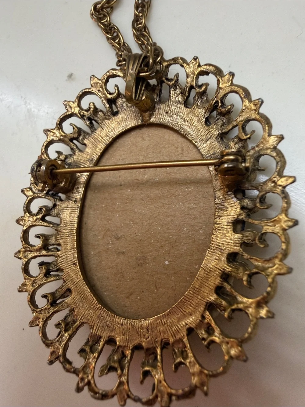 Vintage Hand Embroidered Needlepoint Brooch Pendant Necklace Gold Tone Filigree
